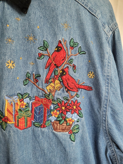 🕊️ Cardinals & Gifts - vintage denim blouse with embroidered Christmas details - size XL