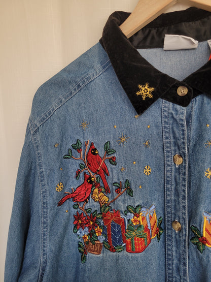 🕊️ Cardinals & Gifts - vintage denim blouse with embroidered Christmas details - size XL