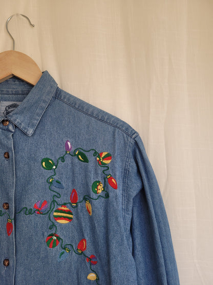 🎄 Festive Glow - vintage denim shirt with embroidered Christmas lights - size L
