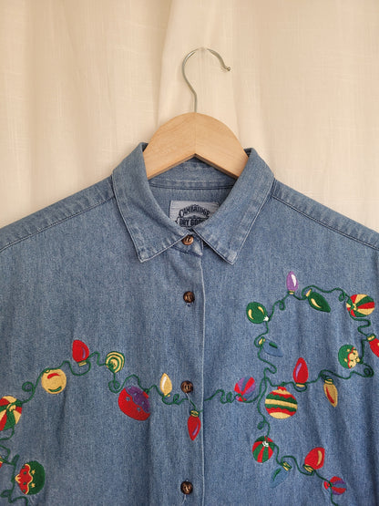 🎄 Festive Glow - vintage denim shirt with embroidered Christmas lights - size L