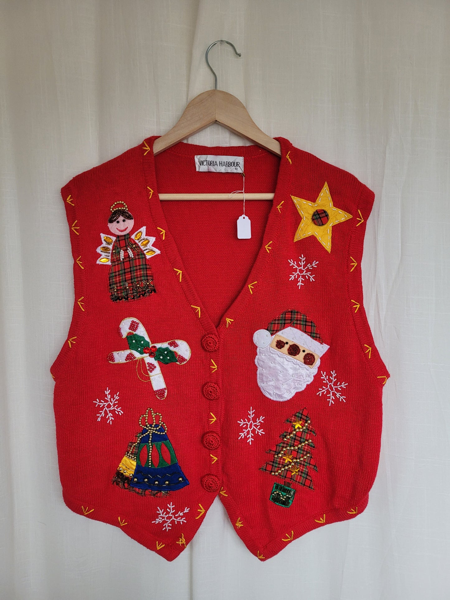 🎅 Sparkle & Santa Cheer - vintage knitted vest with beaded Christmas images - size M/L