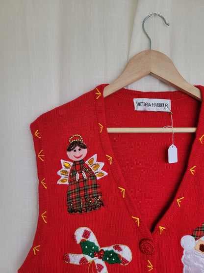 🎅 Sparkle & Santa Cheer - vintage knitted vest with beaded Christmas images - size M/L