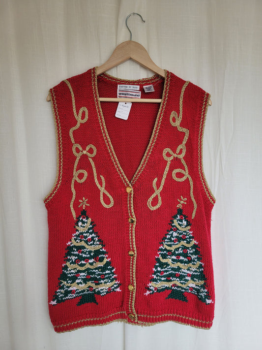 🌟 Gold-Tipped Evergreen Tales - vintage knitted vest with Christmas trees and golden details - size L/XL