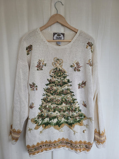 🎶 O Christmas Tree, O Christmas Tree - vintage knitted Christmas sweater with Christmas tree - size L/XL