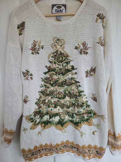 🎶 O Christmas Tree, O Christmas Tree - vintage knitted Christmas sweater with Christmas tree - size L/XL