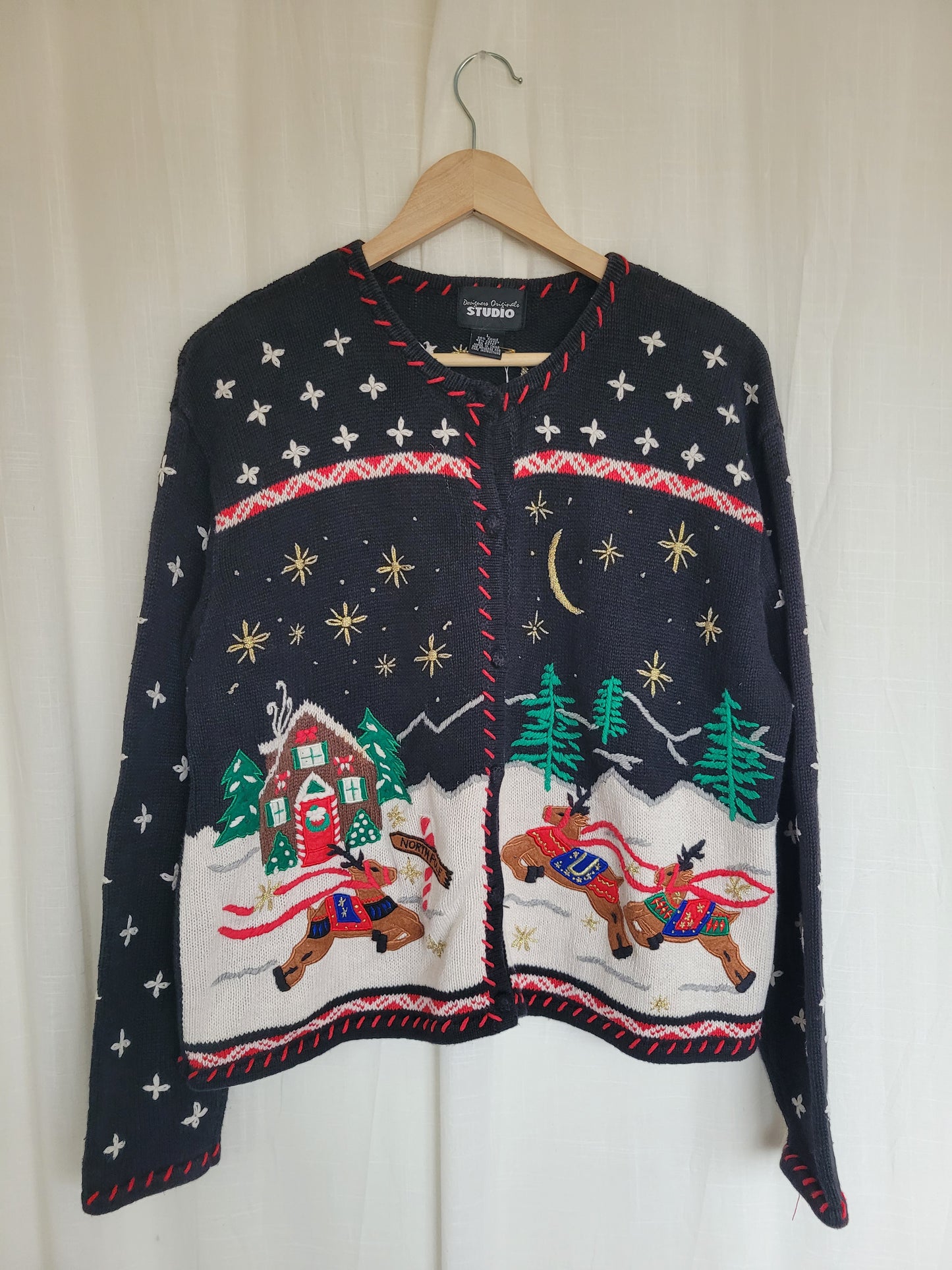 ✨ Starlit Sleigh Ride - vintage knitted cardigan with reindeer - size L