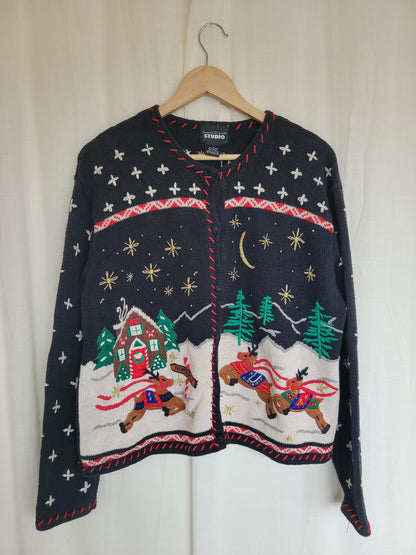 ✨ Starlit Sleigh Ride - vintage knitted cardigan with reindeer - size L