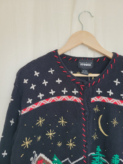 ✨ Starlit Sleigh Ride - vintage knitted cardigan with reindeer - size L