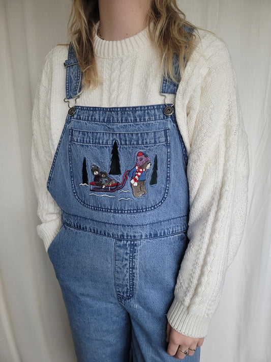 🌲 Winter Woodland - vintage denim dungarees with cozy winter image - size L