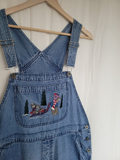 🌲 Winter Woodland - vintage denim dungarees with cozy winter image - size L