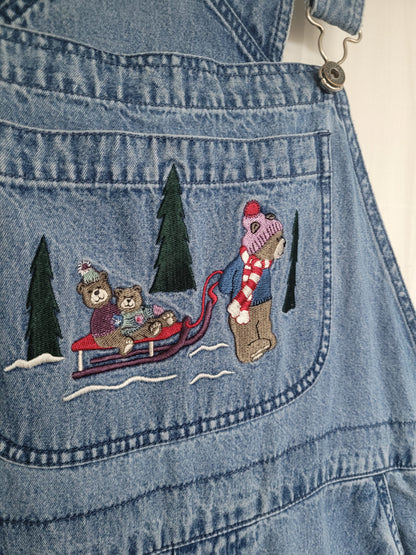 🌲 Winter Woodland - vintage denim dungarees with cozy winter image - size L