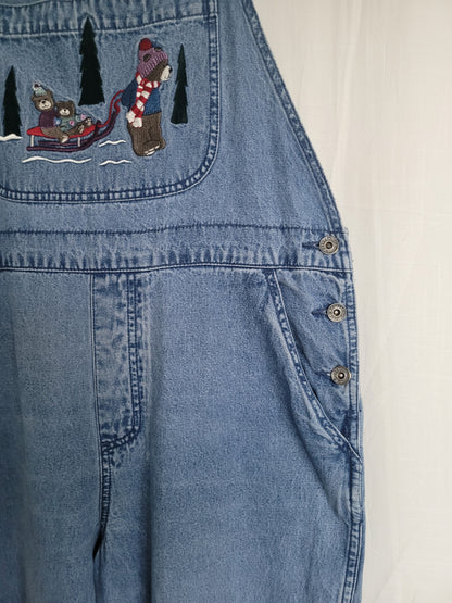 🌲 Winter Woodland - vintage denim dungarees with cozy winter image - size L
