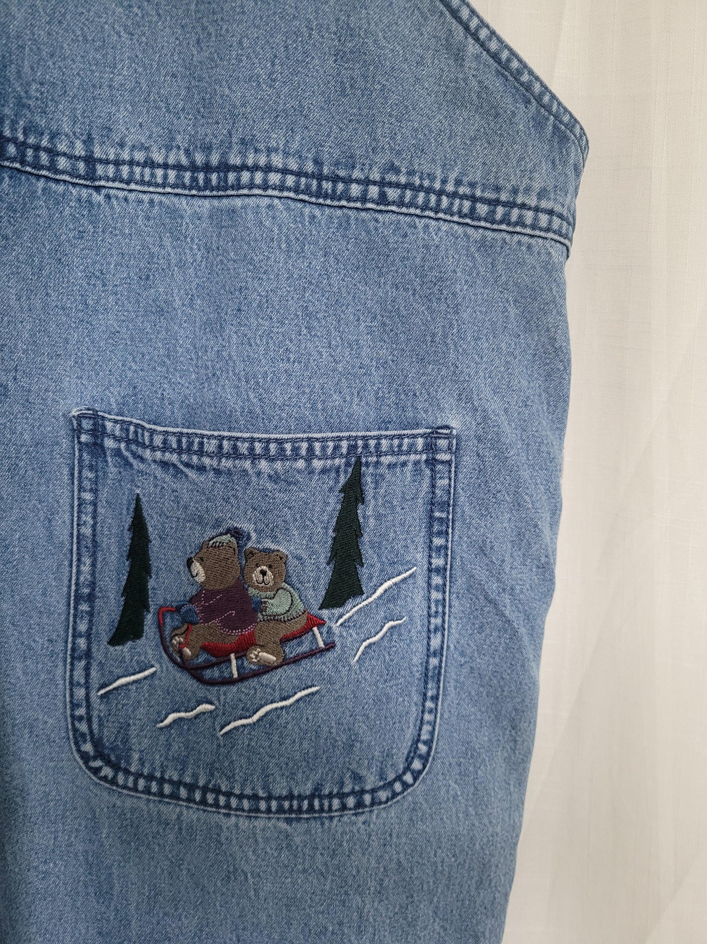 🌲 Winter Woodland - vintage denim dungarees with cozy winter image - size L