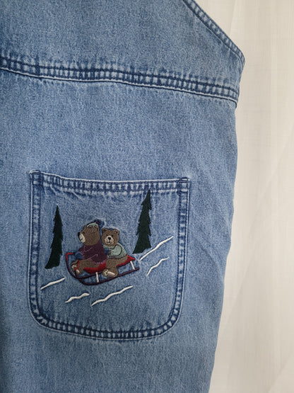 🌲 Winter Woodland - vintage denim dungarees with cozy winter image - size L