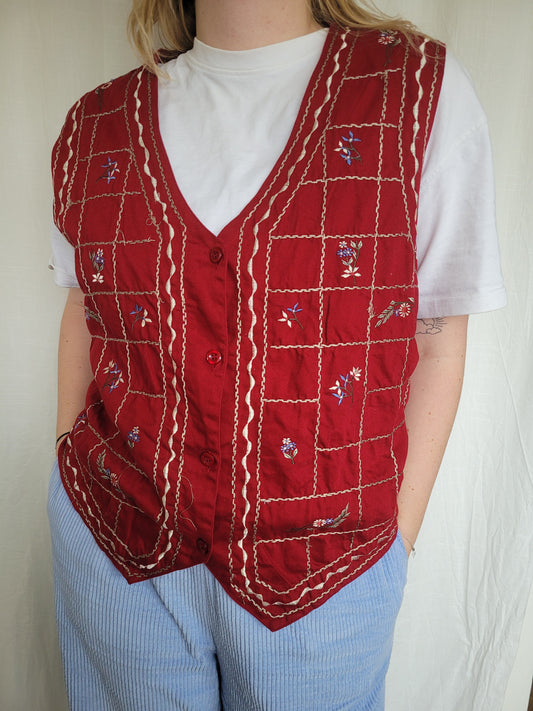 🌸 Burgundy Blossom - vintage gilet with embroidered details - size XL