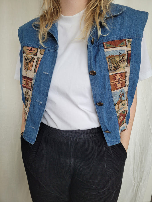 🤎 The Open Road - vintage denim vest with tapestry western details - size XL