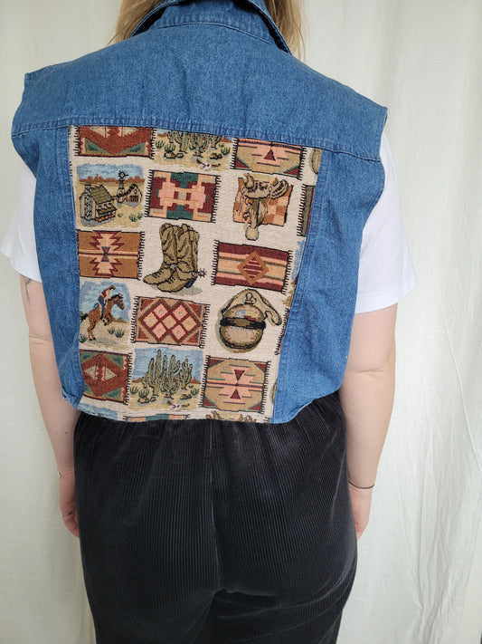 🤎 The Open Road - vintage denim vest with tapestry western details - size XL