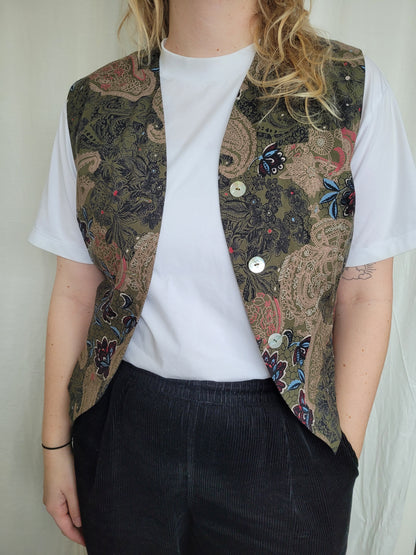 💚 The Velvet Meadow - vintage vest with paisley and flower patterns - size M