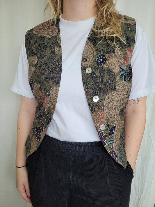 💚 The Velvet Meadow - vintage vest with paisley and flower patterns - size M