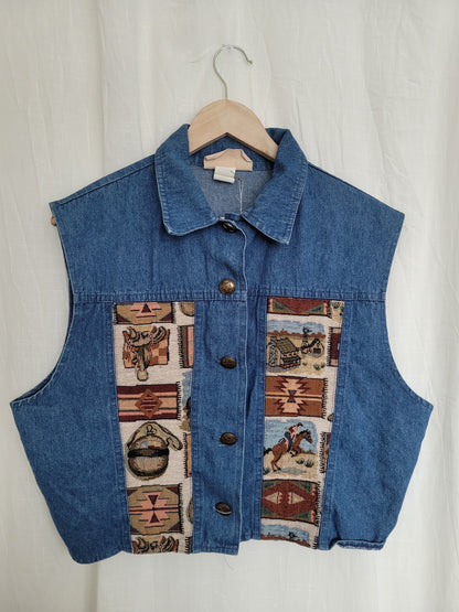 🤎 The Open Road - vintage denim vest with tapestry western details - size XL