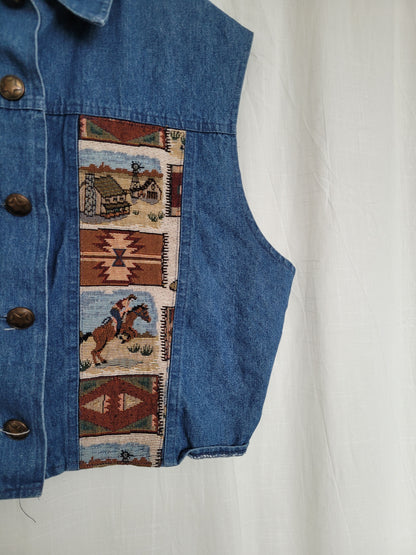 🤎 The Open Road - vintage denim vest with tapestry western details - size XL