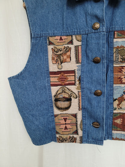 🤎 The Open Road - vintage denim vest with tapestry western details - size XL
