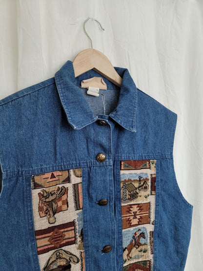 🤎 The Open Road - vintage denim vest with tapestry western details - size XL