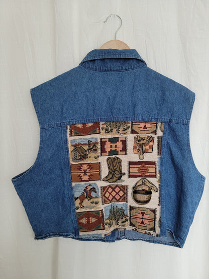 🤎 The Open Road - vintage denim vest with tapestry western details - size XL
