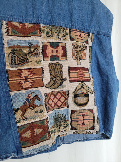 🤎 The Open Road - vintage denim vest with tapestry western details - size XL