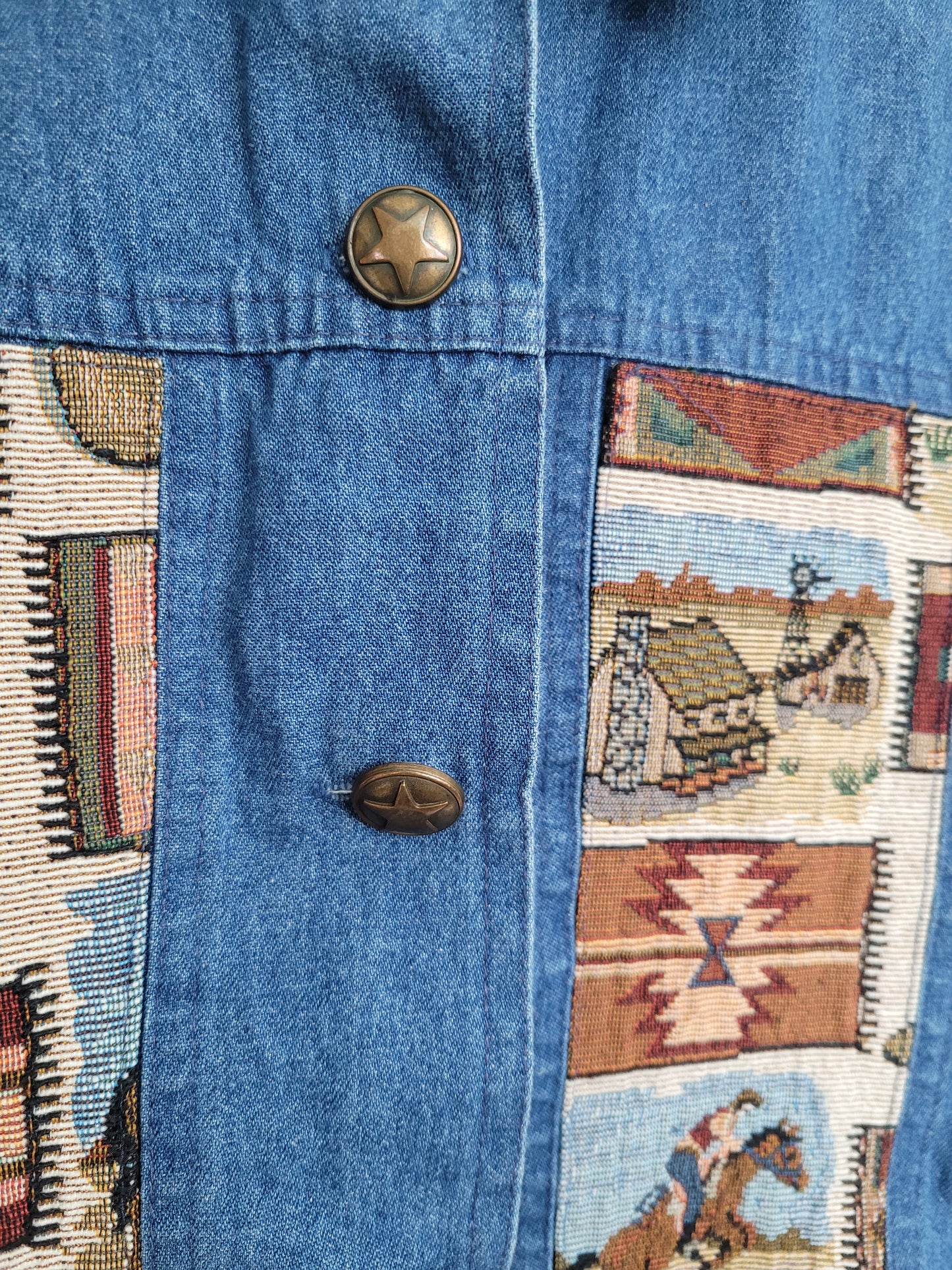 🤎 The Open Road - vintage denim vest with tapestry western details - size XL