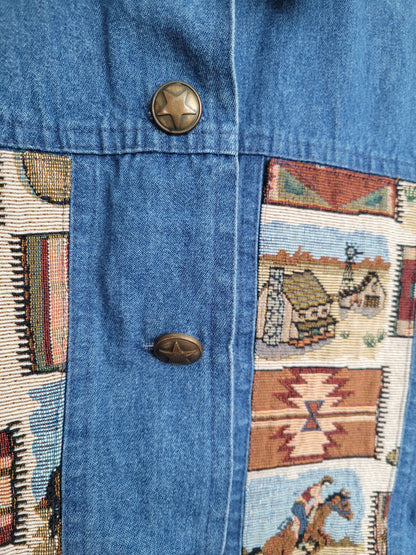 🤎 The Open Road - vintage denim vest with tapestry western details - size XL