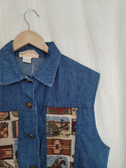 🤎 The Open Road - vintage denim vest with tapestry western details - size XL