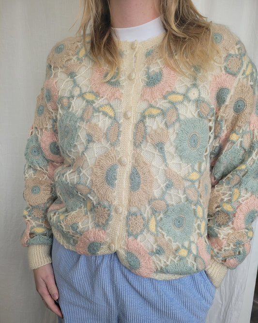 ❄️ Sugar Frost Bloom - vintage knitted/crochet cardigan in soft pastel colors - size M/L