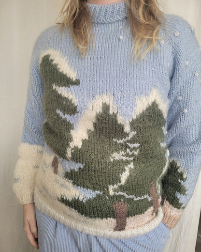 🌲 Snowy Pine Dreams - vintage handknitted sweater with snowy pinetrees - size S/M