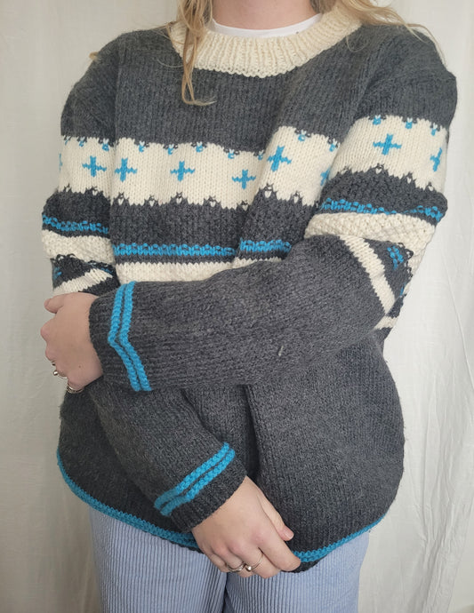 ☁️ Winter Sky - vintage handknitted sweater in grey and blue colors - size M/L