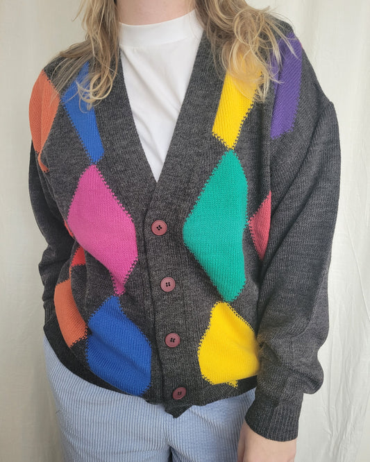✨ Grey Meets Color - vintage cardigan with colorful details - size M/L