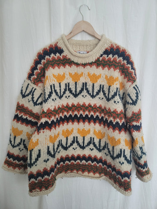 🧶 Boxy Bloom - vintage knitted sweater with tulip design - size XL