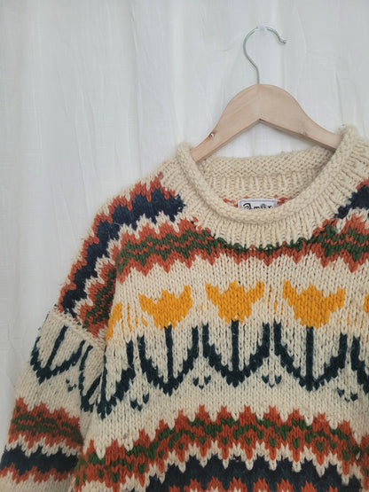 🧶 Boxy Bloom - vintage knitted sweater with tulip design - size XL