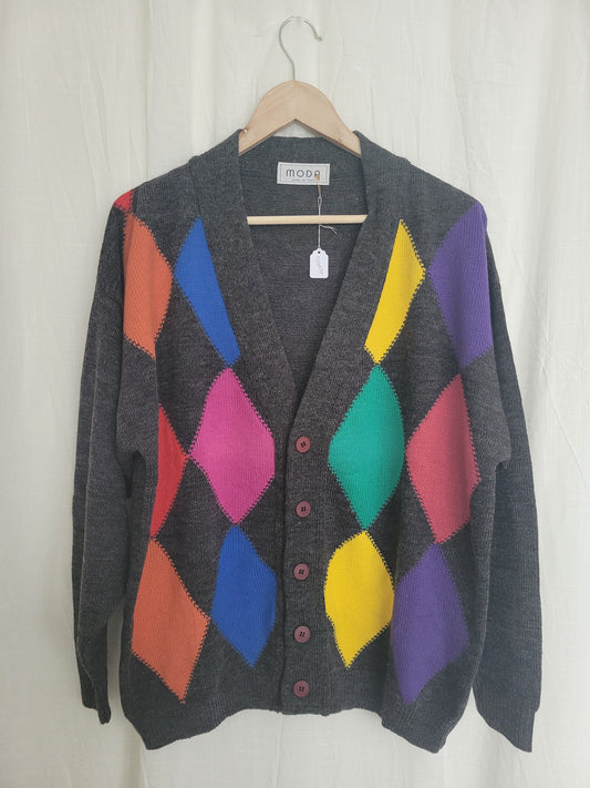 ✨ Grey Meets Color - vintage cardigan with colorful details - size M/L