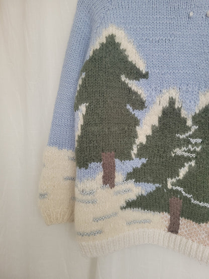 🌲 Snowy Pine Dreams - vintage handknitted sweater with snowy pinetrees - size S/M