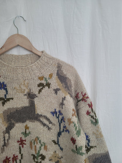 🏔️ Alpine Daydream - vintage knitted sweater with Alpine animal and plant design - size L/XL