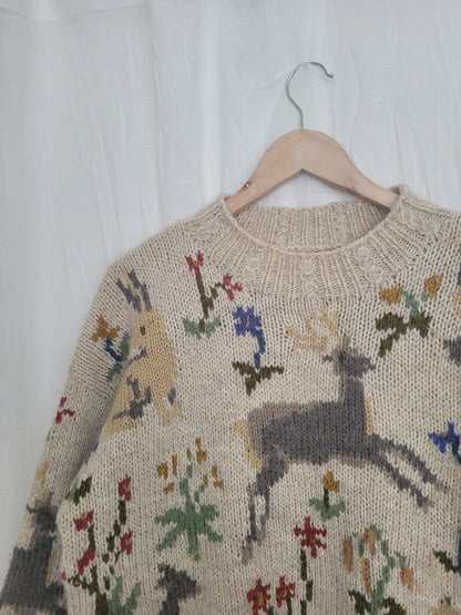 🏔️ Alpine Daydream - vintage knitted sweater with Alpine animal and plant design - size L/XL
