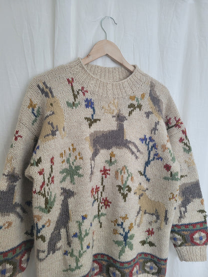 🏔️ Alpine Daydream - vintage knitted sweater with Alpine animal and plant design - size L/XL