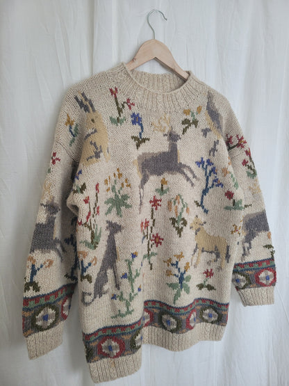🏔️ Alpine Daydream - vintage knitted sweater with Alpine animal and plant design - size L/XL