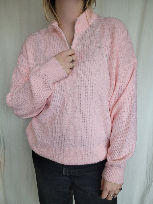 🧶 Cotton Candy - vintage knitted quarter zip sweater - size L/XL