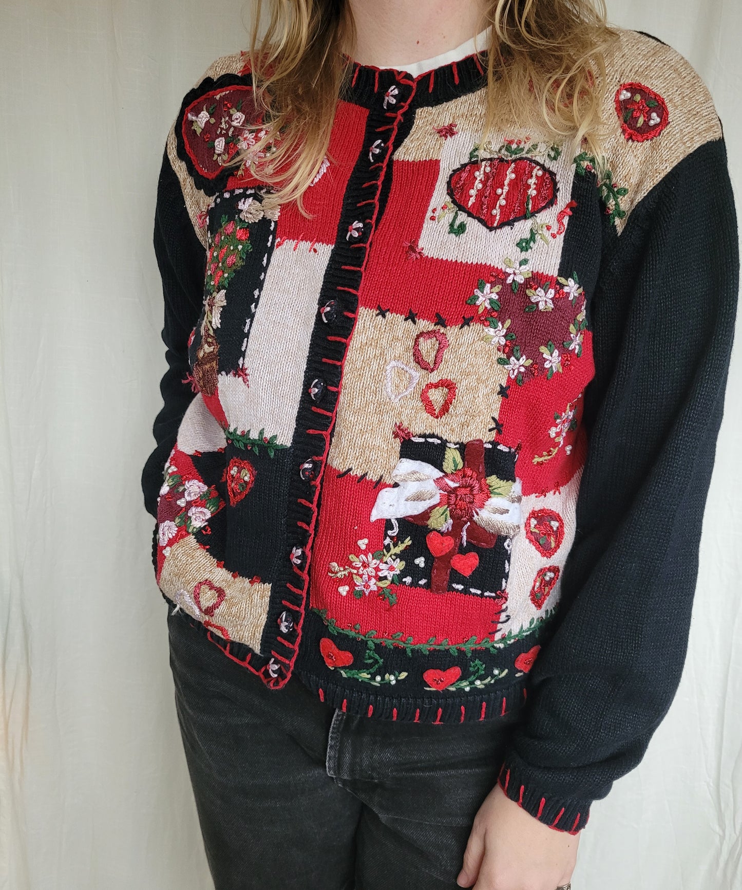 💌 Lovers From 2003 - vintage cardigan with embroidered hearts, flowers and bows - size L