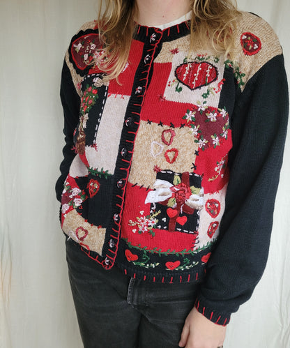 💌 Lovers From 2003 - vintage cardigan with embroidered hearts, flowers and bows - size L
