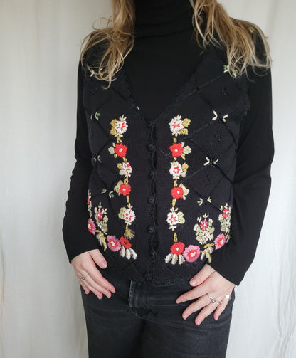 🖤 Midnight Bloom - vintage spencer vest with embroidered flowers - size M/L