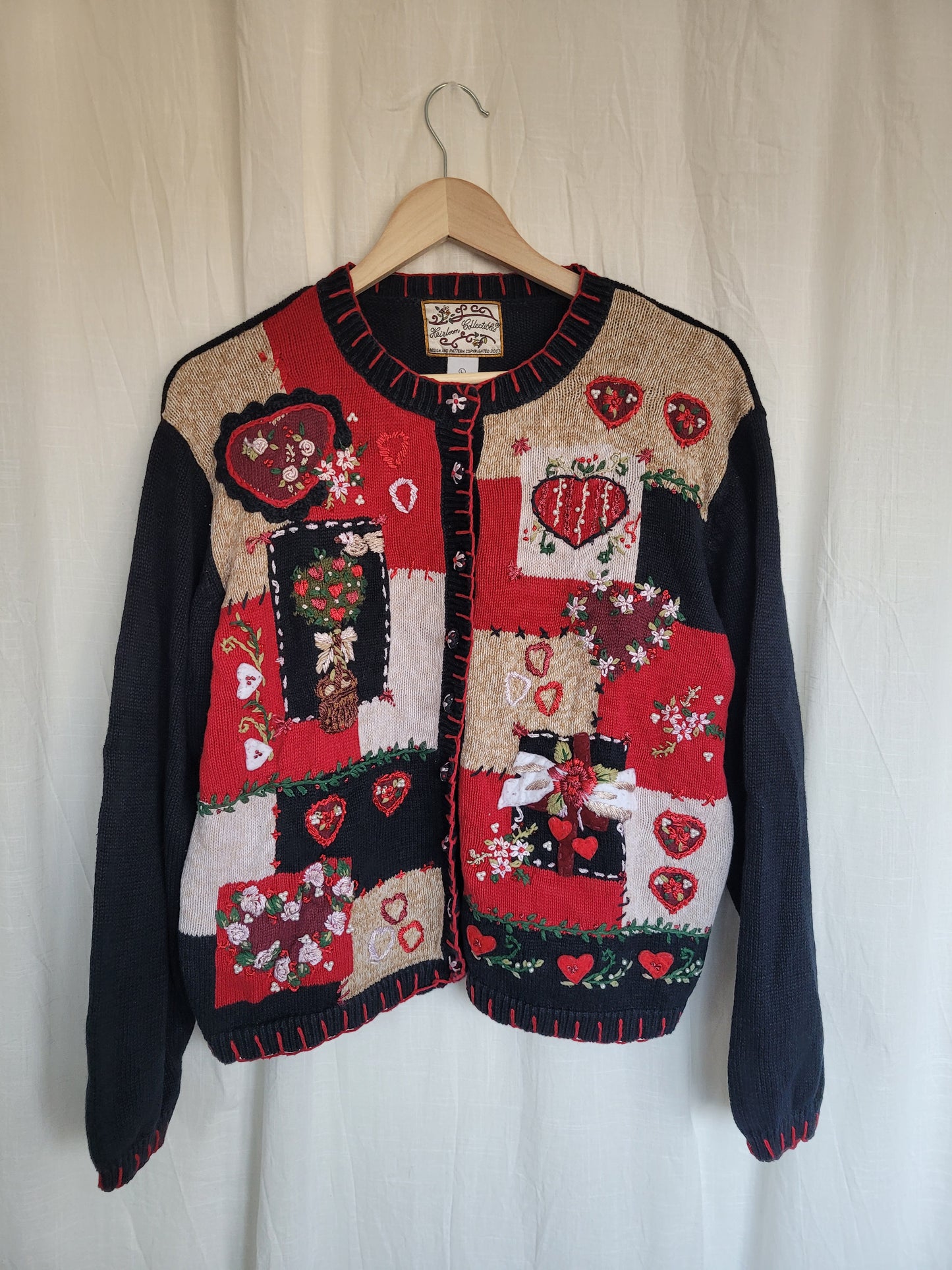 💌 Lovers From 2003 - vintage cardigan with embroidered hearts, flowers and bows - size L