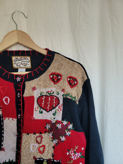 💌 Lovers From 2003 - vintage cardigan with embroidered hearts, flowers and bows - size L